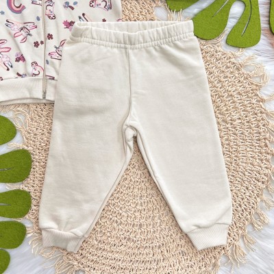 Conj. Jaqueta com Capuz Coelhinhos e Calça de Moletom - Creme